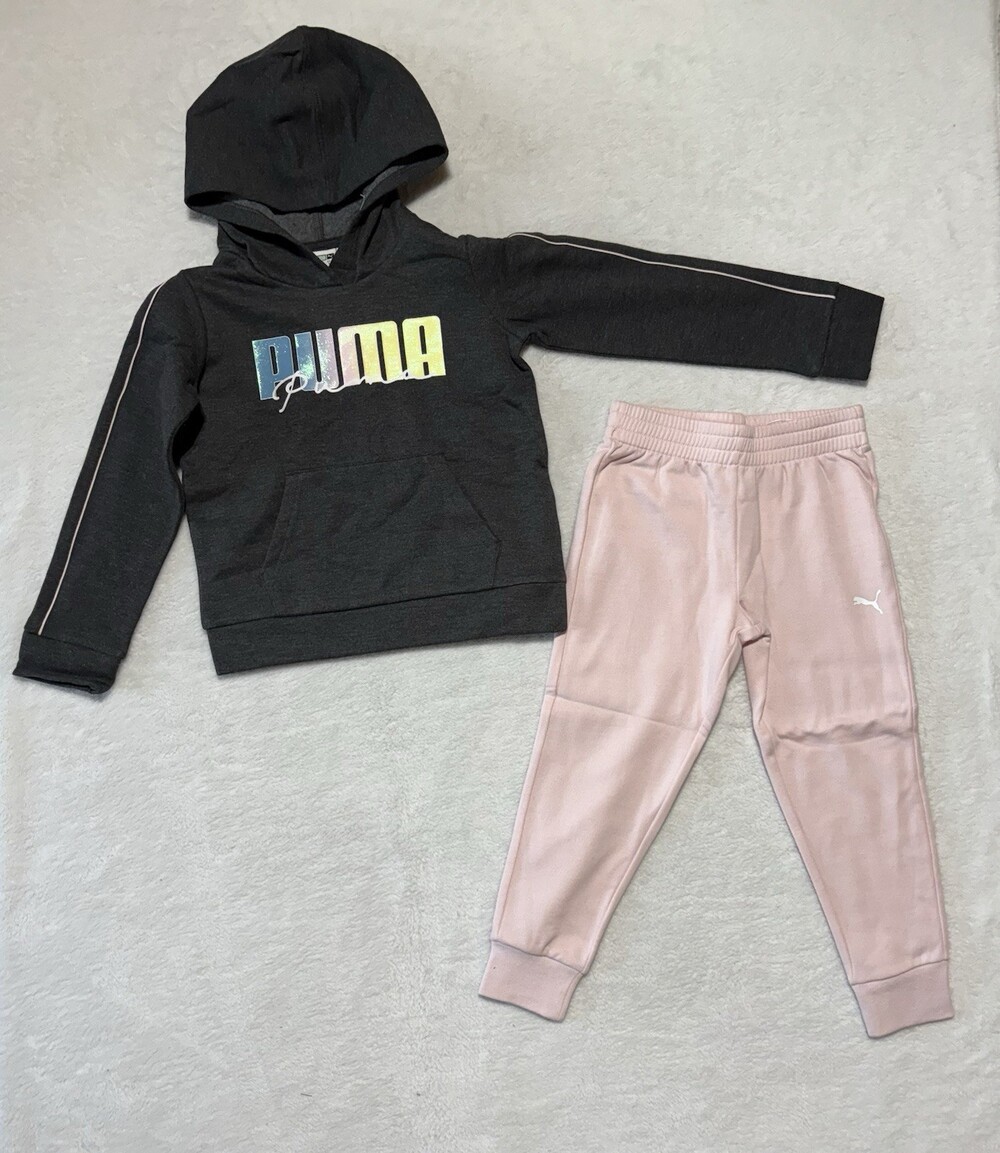Puma Sweatshirt Pants Set Kids Girls 5 Grey 2 Piece Outfit Hooded Pullover New